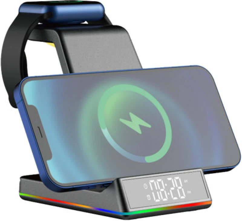 Image of Daewoo Daewoo 5-in-1 Wireless Folding Charging Station Clock Dock for Phone Smartwatch in Black One Size Unisex 5024996976977