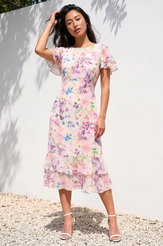 Image of Roman Womens Petite Floral Double Frill Dress in Pink Size: 18 Pink Female 18