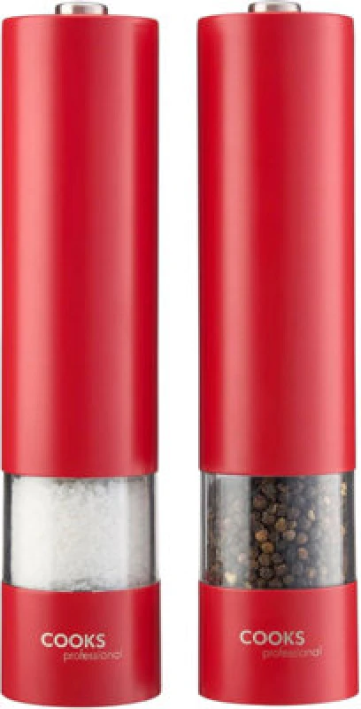 Image of Cooks Professional Electric Salt And Pepper Mill Set - Automatic Seasoning Condiment Grinders - Red