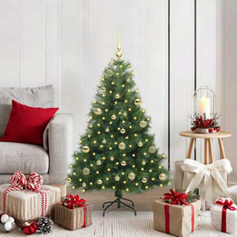 Image of vidaXL Artificial Christmas Tree with 150 LEDs, Gold Balls Green 120 x 74cm PE and PVC, Green 3397761