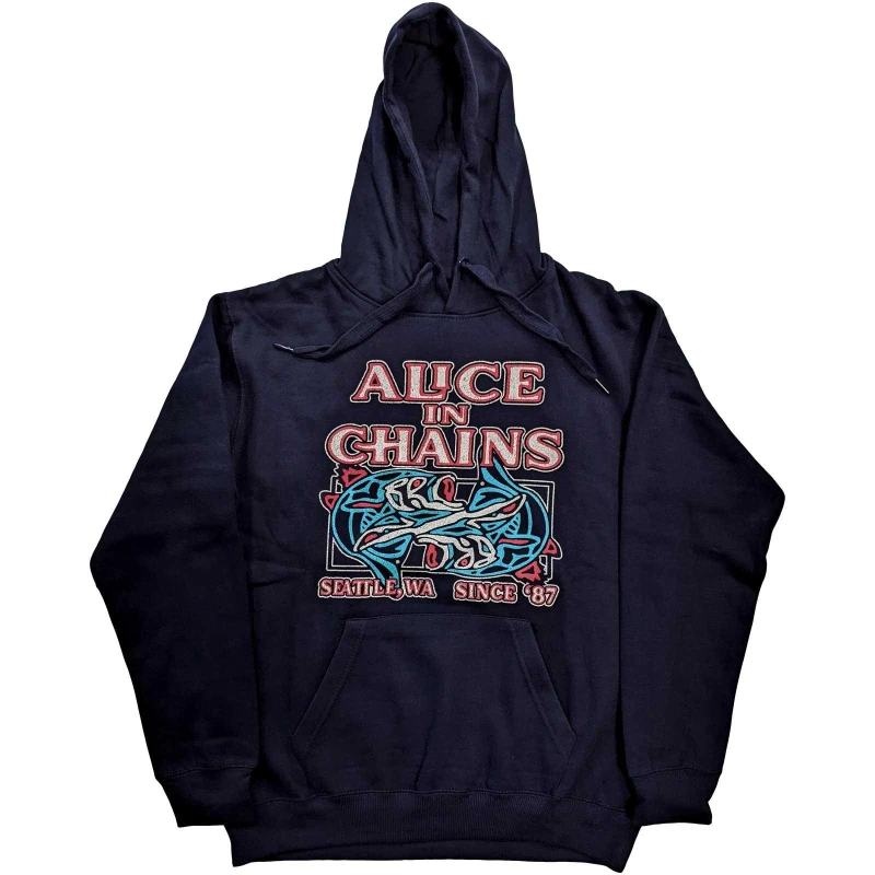 Image of Alice In Chains Mens Totem Fish Pullover Hoodie in Navy Size: Large Navy Male L