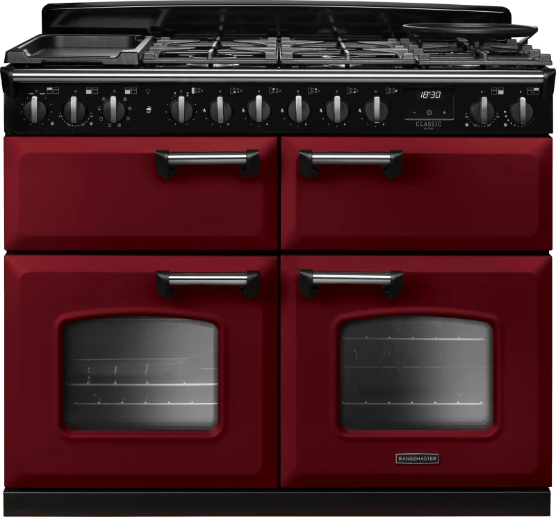 Image of Rangemaster Classic Deluxe CLDLB110DFPBOR/CM1 110cm wide Dual Fuel Range Cooker with Gas Hob - Bordeaux / Chrome - A Rated