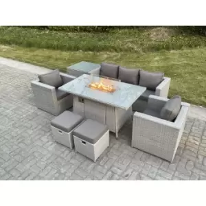 Image of Fimous 5 Seater Light Grey Outdoor Rattan Gas Fire Pit Lounge Dining Sofa Complete Set with Side Table and 2 Stools