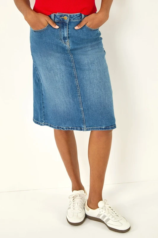 Image of Roman Cotton Denim Stretch A line Skirt Mid Blue