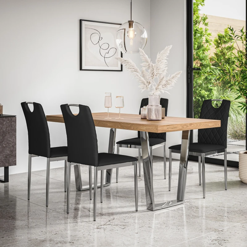 Image of More4Homes Aria Dining Table And Chairs - Oak Effect Table Top W Chrome Legs + 4 Monza Faux Leather Dining Chairs W Chrome Legs (Black)