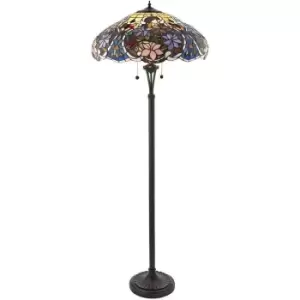 image of 1.5m Tiffany Twin Floor Lamp Dark Bronze & Floral Stained Glass Shade i00027