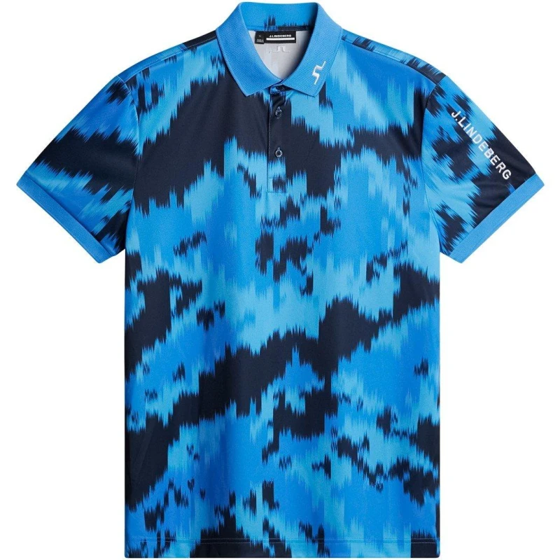 Image of J Lindeberg Golf Mens Tech Print Short Sleeve Performance Polo Shirt Warp Sonic Blue male Small