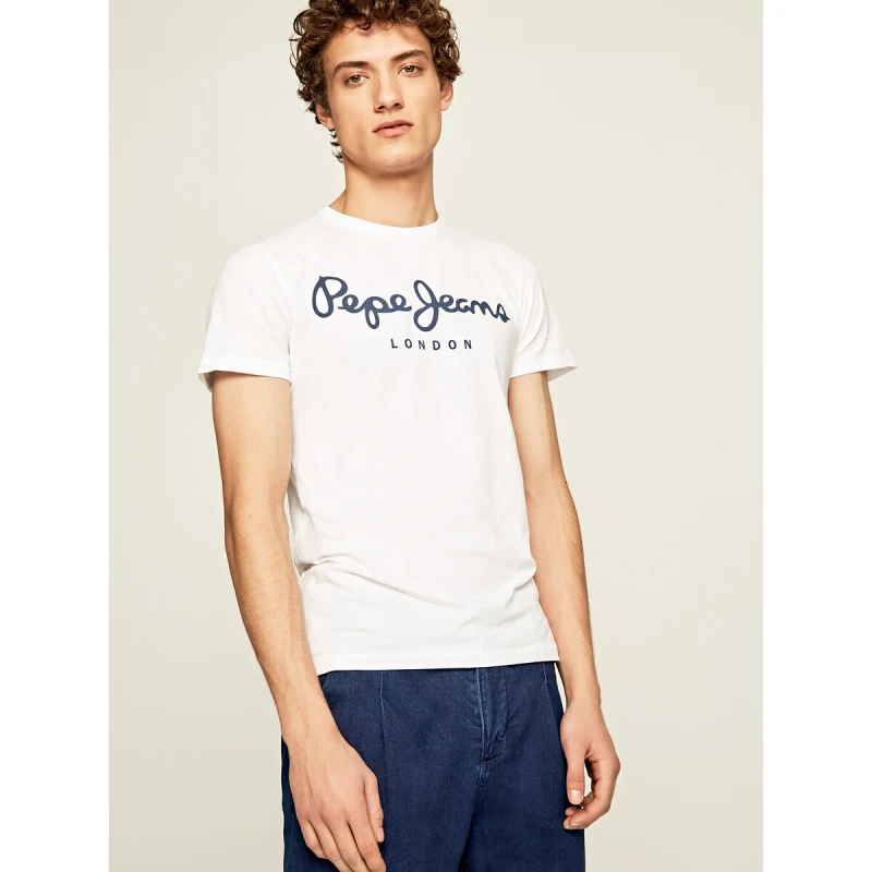 Image of Pepe Jeans Original Stretch Cotton T-Shirt with Logo Print and Crew Neck White Cotton M