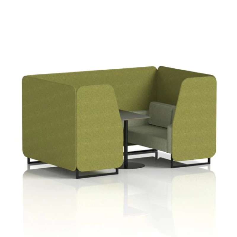 Image of Brixworth 4 Seater Office Booth with Front Panel - Black Legs and Black Table with Black Leg in Rivet Fabric - Olive Panels and Burnish Sofa