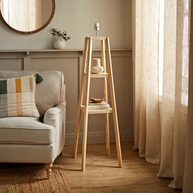 Image of ValueLights Wakefield Quad Base Two Shelf Wooden Floor Lamp Natural