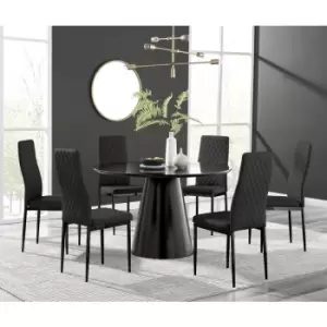 Image of Furniturebox Palma Black Semi Gloss 120cm Round Minimalist Dining Table & 6 Black Corona Faux Leather Dining Chairs with Black Legs Diamond Stitch