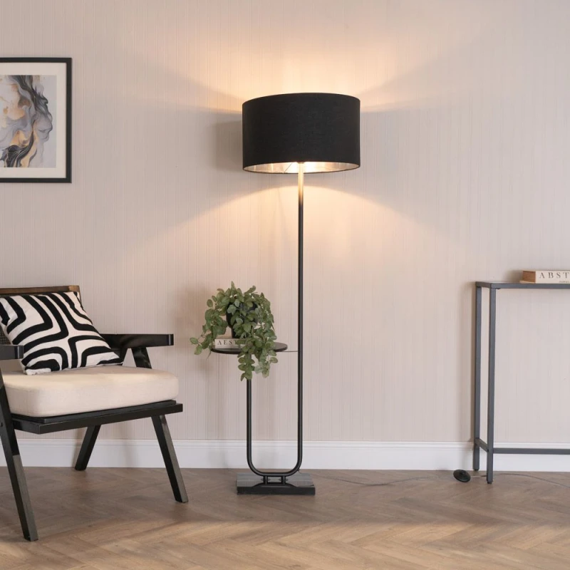 Image of ValueLights ValueLights Tavel Black Floor Lamp with Table and Black & Chrome Lamp Shade Black One Size Unisex 5059406061417