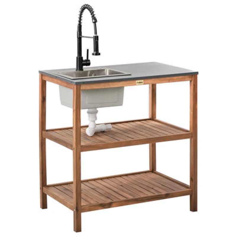 Image of Beliani Outdoor Kitchen Island With Sink Brucoli Acacia Wood Brown/ Black