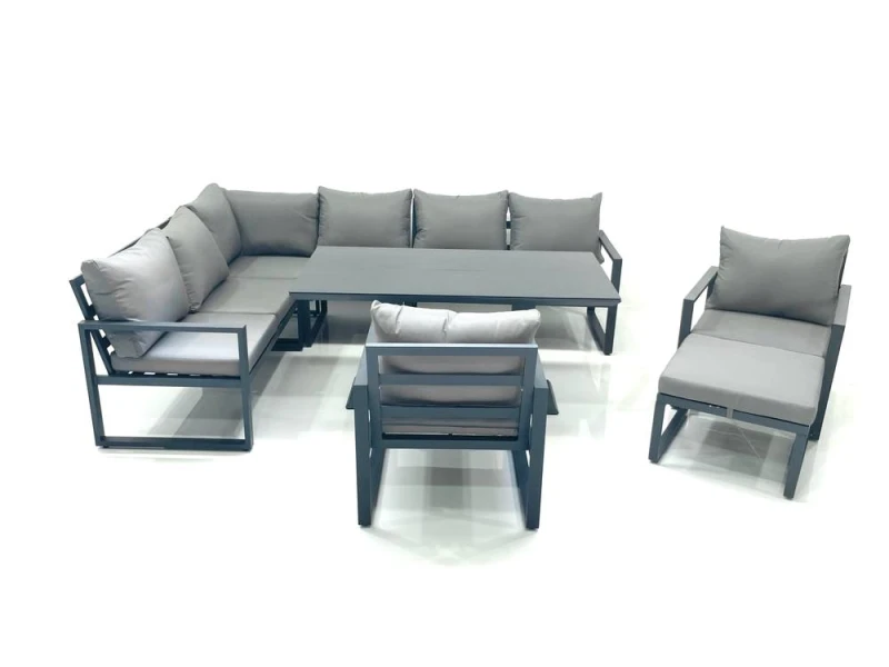 Image of Fimous Aluminum Outdoor Garden Furniture Set Corner Sofa Big Footstool 2 Chairs Adjustable Rising Lifting Dining Table Sets Dark Grey Dark Grey Unisex