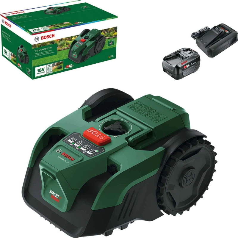 Image of Bosch VISIMOW 18V-100 P4A 18v Cordless Camera Robotic Lawnmower 155mm 1 x 6ah Li-ion Battery Charger VISIMOW18V-100