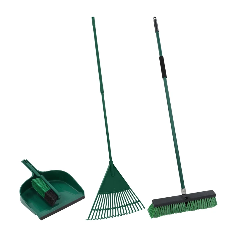 Image of JVL JVL Garden Clean Up Bundle: Includes Outdoor Broom, Dustpan and Brush and Telescopic Rake Dark Green
