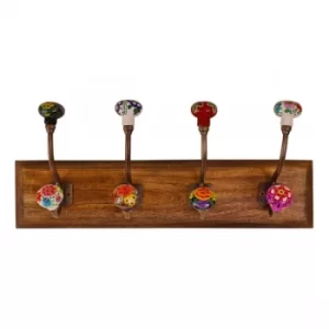 Image of Mexican Floral Ceramic Hooks on Wooden Base