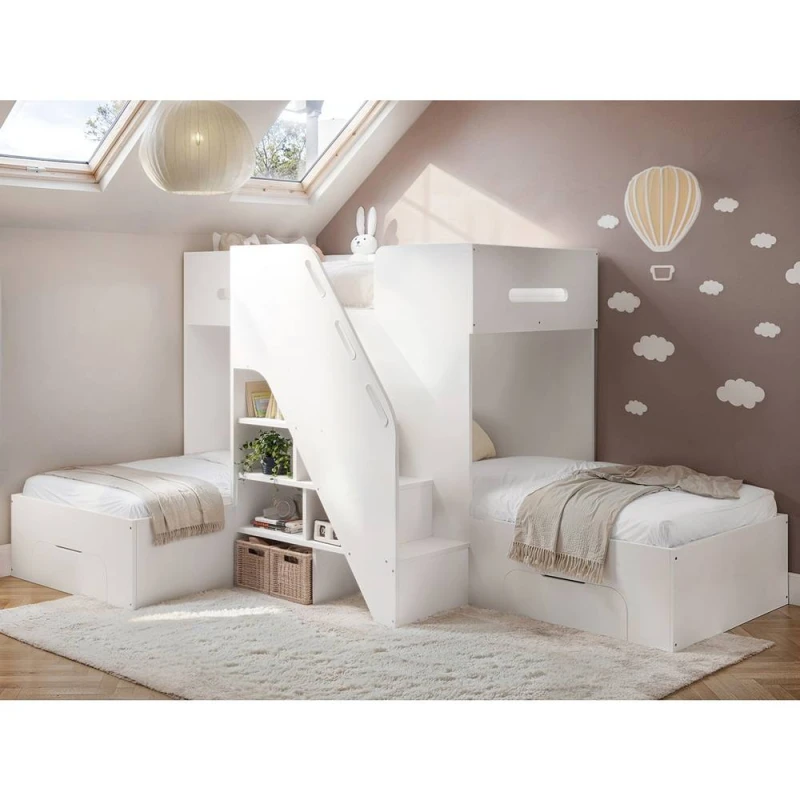 Image of Flair Mason Staircase Triple Sleeper Bed with Storage in White Size: Single White Unisex Single