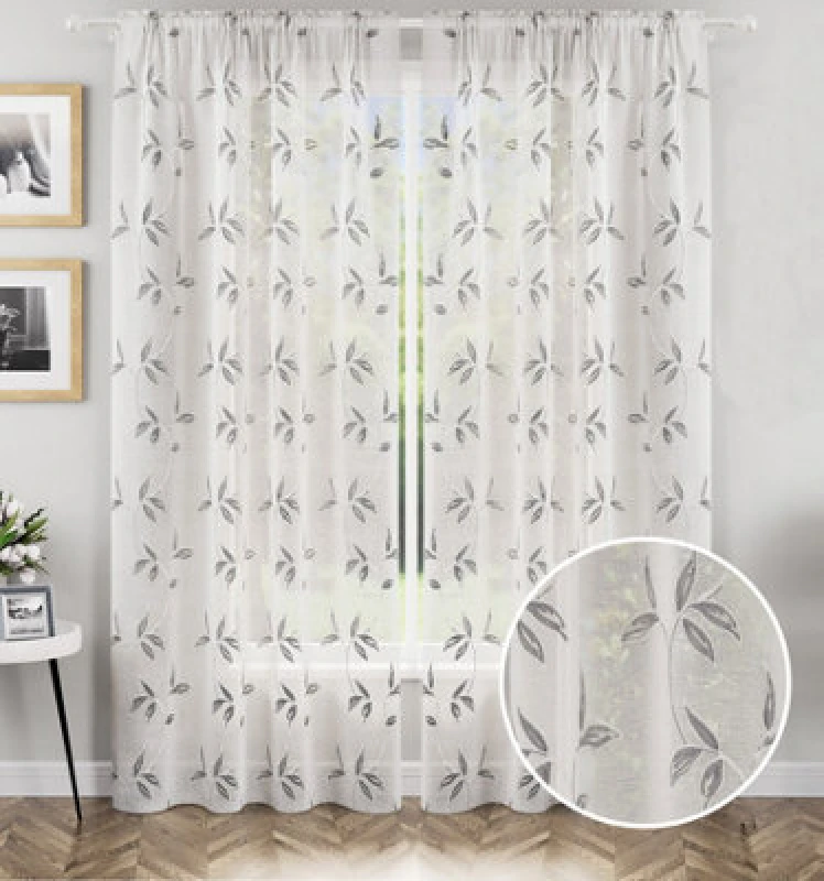 Image of Tyrone Textiles Oasis Embroidered Leaf Design Voile Panels - Pair - Grey Grey 140x183cm