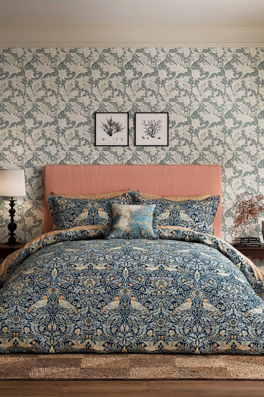 Image of Morris & Co 'Bird' Cotton Duvet Cover Set in Blue Size: Double Blue Unisex Double