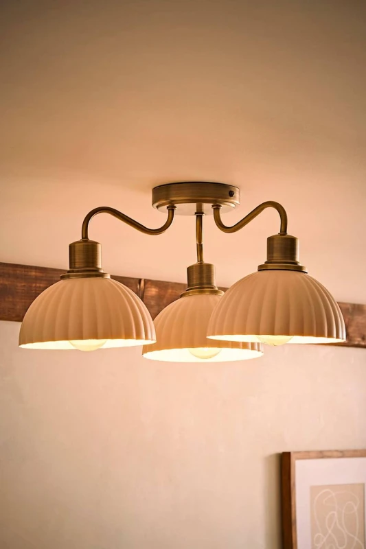 Image of ValueLights Bourton Cream Ribbed Dome 3 Arm Ceiling Pendant Light with Bulbs in Gold Gold Unisex