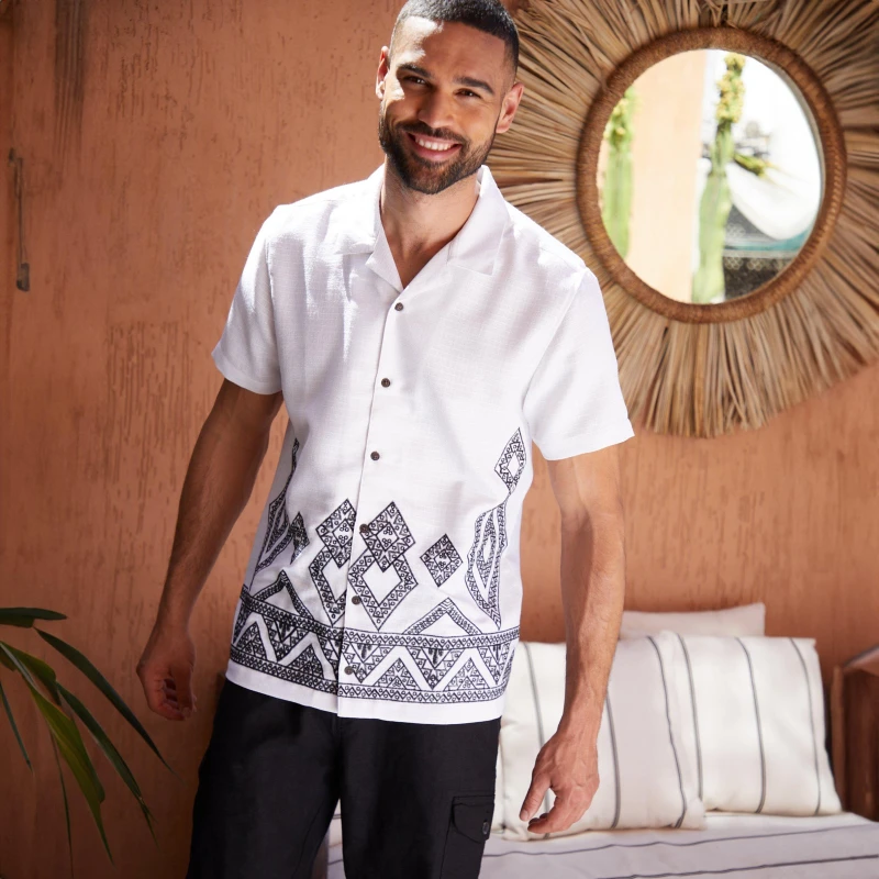 Image of Threadbare 'Aztlan' Revere Collar Embroidered Short Sleeve Shirt White male