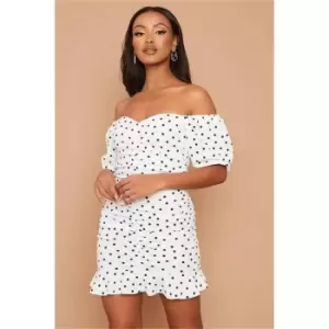 Image of I Saw It First White Petite Polka Dot Ruched Puff Sleeve Mini Dress - White