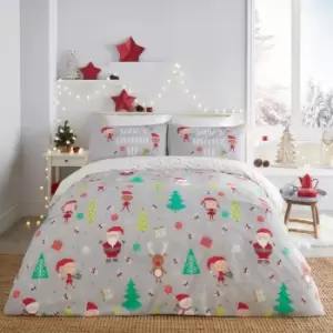 Image of Christmas Elf & Santa Easy Care Reversible Duvet Cover Set, Grey, Single - Fusion
