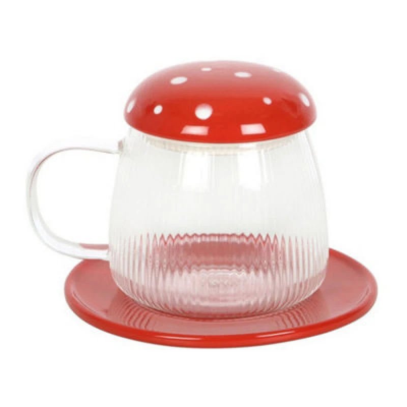 Image of Something Different Something Different Mushroom Glass Mug & Saucer in Red Red One Size Unisex 5063527039170