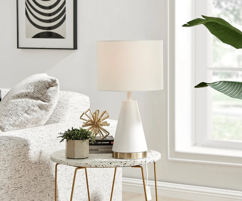 Image of FurnitureboxUK FurnitureboxUK Zoe Energy Efficient Conical Metal Table Lamp Light With Fabric Shade (Including Bulb) in White White One Size Unisex 50