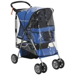 Image of PawHut Dog Stroller with Rain Cover for Small Miniature Dogs, Folding Pet Pram with Cup Holder, Storage Basket, Reflective Strips, Blue