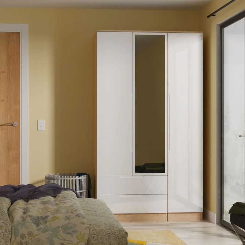 Image of Welcome Furniture Ready Assembled Milan Tall Triple 2 Drawer Mirrored Wardrobe In White Gloss & Bardolino Oak, White MIL142WGBO