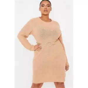 image of I Saw It First Camel Plus Size Crew Neck Knitted Jumper Dress - Brown