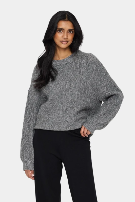 Image of Saint Tropez GeetaSZ Cable Knit Loose Fit Pullover- Grey