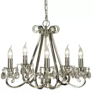 image of Esher Ceiling Pendant Chandelier Polished Nickel & Crystal Curved 5 Lamp Light