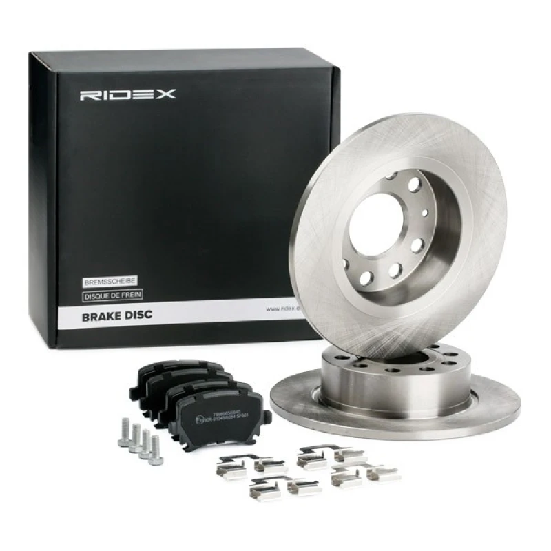 Image of RIDEX 3405B0393 Brake disc and pads set with accessories, Rear Axle, Brake Disc Type: Solid, excl. wear warning contact, with brake caliper screws Br