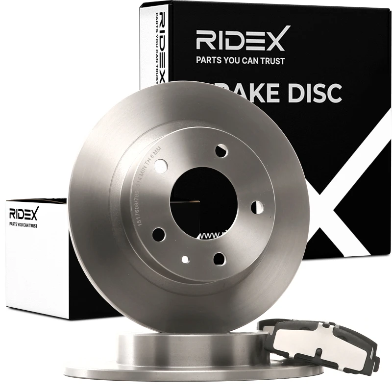Image of RIDEX 3405B0362 Brake disc and pads set Rear Axle, Brake Disc Type: Solid, excl. wear warning contact, without wheel studs Brake Set,disc brakes (340