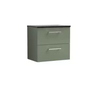 image of Nuie Arno 600mm Wall Hung 2 Drawer Vanity & Sparkling Black Laminate Top Satin Green