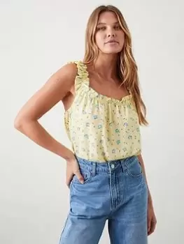Image of Dorothy Perkins Ditsy Frill Cami Top - Yellow, Yellow, Size 12, Women