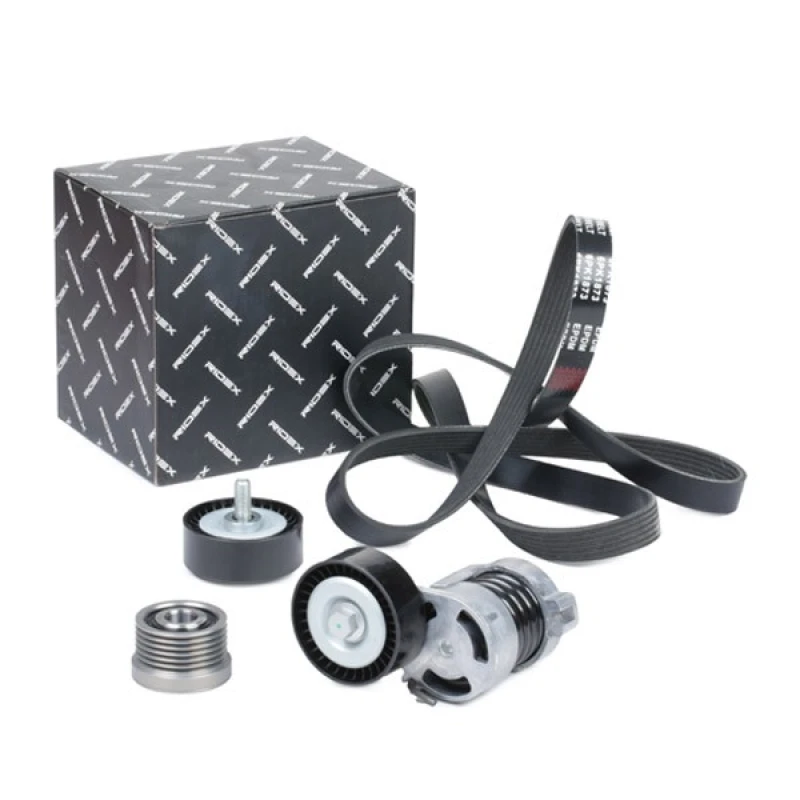 Image of RIDEX 542R0715 V-ribbed belt set with tensioner arm, tensioner pulley, Pulleys: with freewheel belt pulley V-Ribbed Belt Set (542)