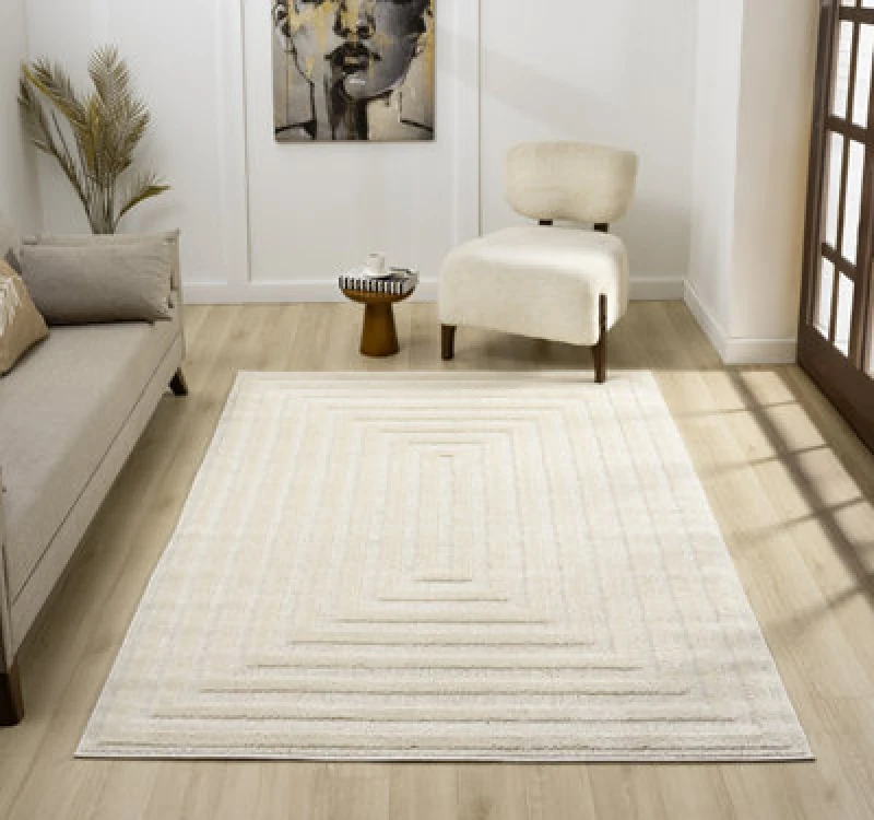 Image of Isabella Living Room Area Rugs - Embossed Geometric Rectangle Design Cream 80Cm X 150Cm