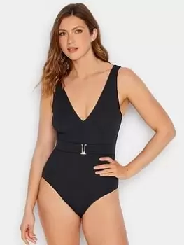 Image of Long Tall Sally Black Belted Textured Swimsuit, Black, Size 12, Women
