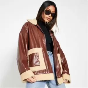 Image of I Saw It First Pu Borg Lined Zip Up Jacket - Brown
