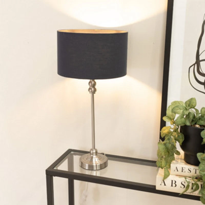 Image of ValueLights Maggie Brushed Chrome Candlestick Slim Table Lamp with Fabric Drum Lamp Shade Charcoal