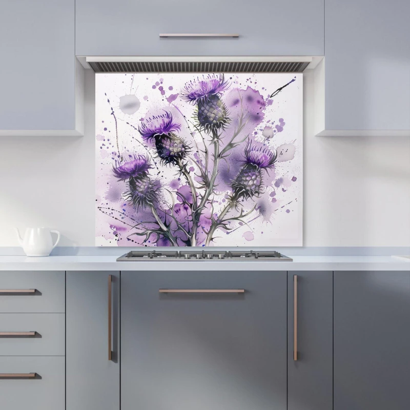 Image of Warren Reed - Designer Vibrant Scottish Thistle Art Kitchen Splashback in Purple Size: 600mm x 750mm Purple Unisex 600mm x 750mm