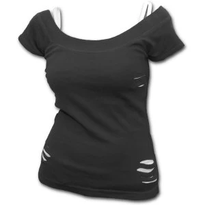 Image of Urban Fashion 2In1 White Ripped Womens Large Short Sleeve Top - Black