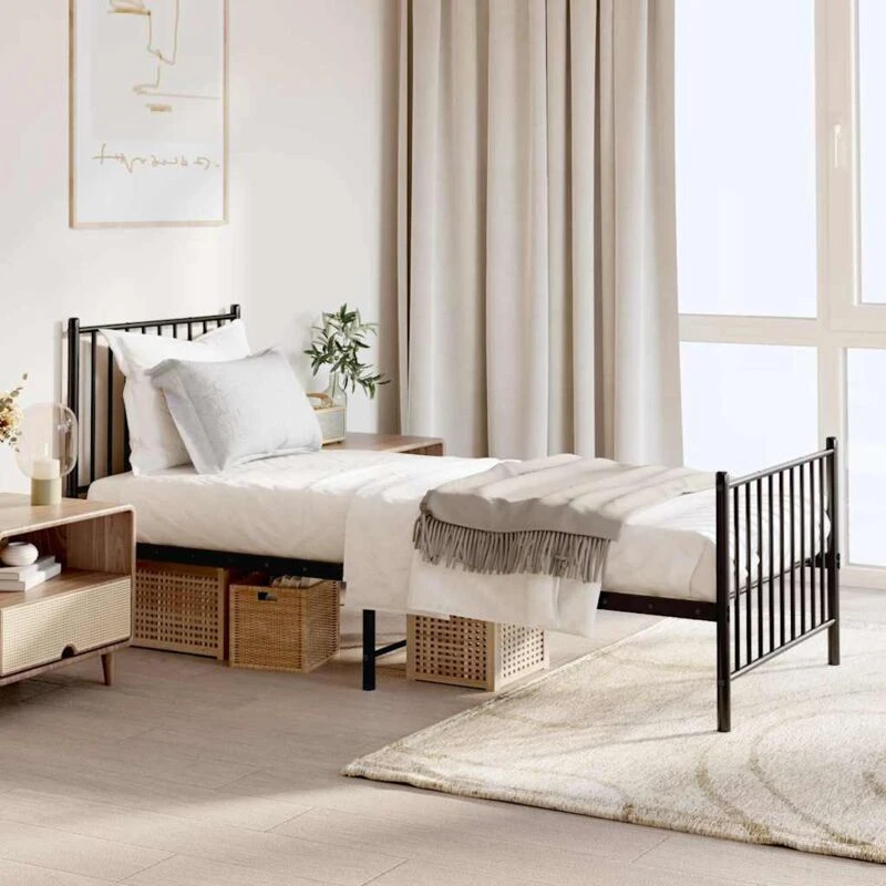 Image of Vidaxl Metal Bed Frame Without Mattress With Footboard Black 75X190Cm