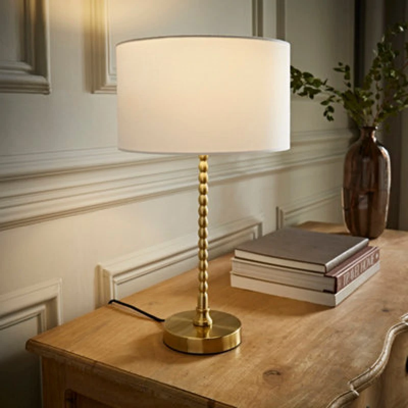 Image of ValueLights ValueLights Maeve Fabric Drum Lamp Shade Brushed Gold Bobbin Bobble Table Lamp with LED Bulb in White White One Size Unisex 5059406067211