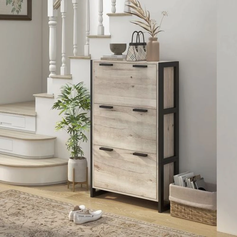 Image of HOMCOM 3 Drawer Shoe Cabinet 18 Pairs Shoe Storage Cupboard with 3 Flip Doors Natural