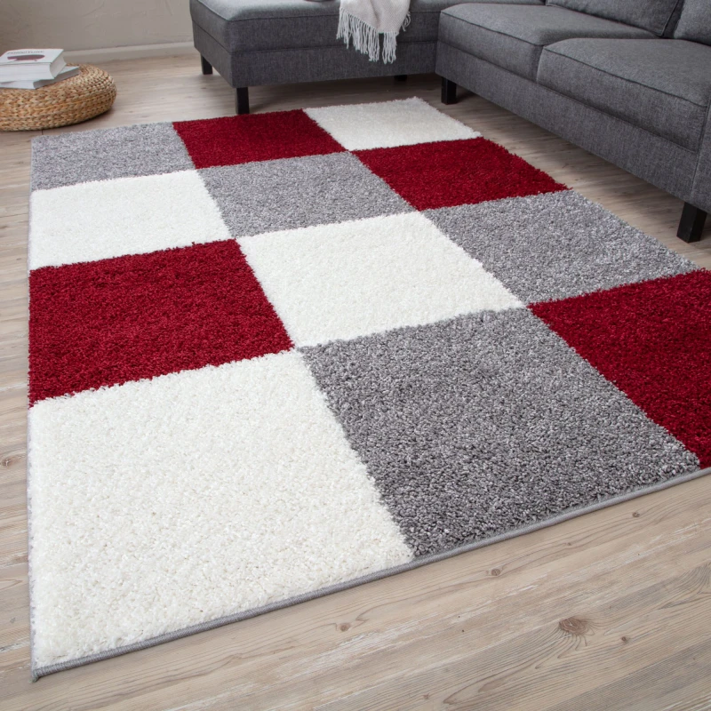 Image of THE RUGS Fluffy & Soft Shaggy Rugs Living Room Rug in Red - Elegant Geometric Design Carpets For Bedrooms & Kitchen 381 Size: 80cm x 300cm Red U